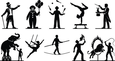 Circus performer silhouettes, clown juggler magician acrobat, trapeze tightrope fire breather, elephant lion trainer, entertainment show vector illustration © MOSTSHAHANAJ