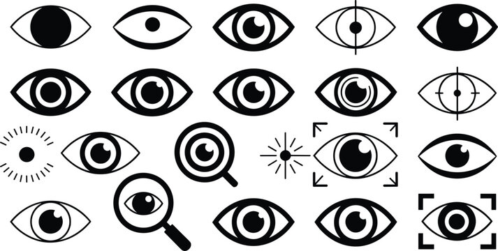 Eye icon set featuring solid and outline symbols for vision tracking surveillance data security and biometric focus scanning
