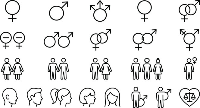 Gender equality and sexual orientation line icon set including male female transgender lesbian gay bisexual and heterosexual symbols
