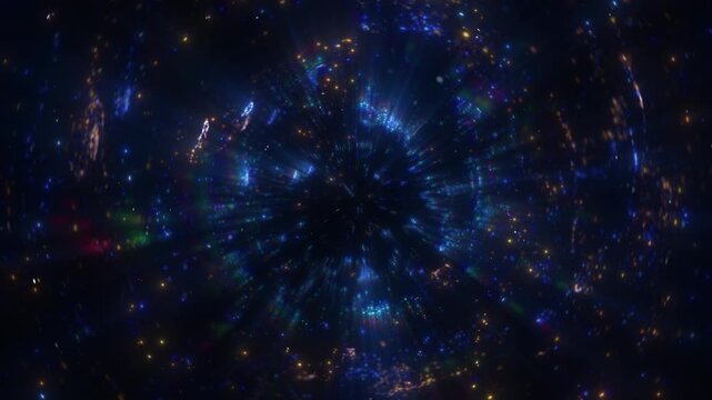 4K Abstract particles explosion. Bokeh lights exploding with energy burst. Intro opener overlay. Isolated on black background 60fps. 