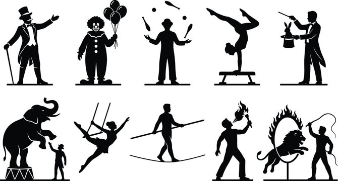 Circus performer silhouettes, clown juggler magician acrobat, trapeze tightrope fire breather, elephant lion trainer, entertainment show vector illustration