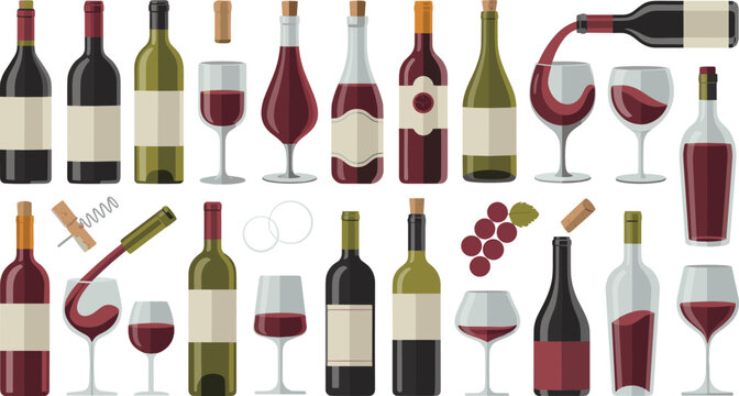Wine bottle and glass vector illustration set featuring pouring red wine corkscrew grapes and various bottle designs