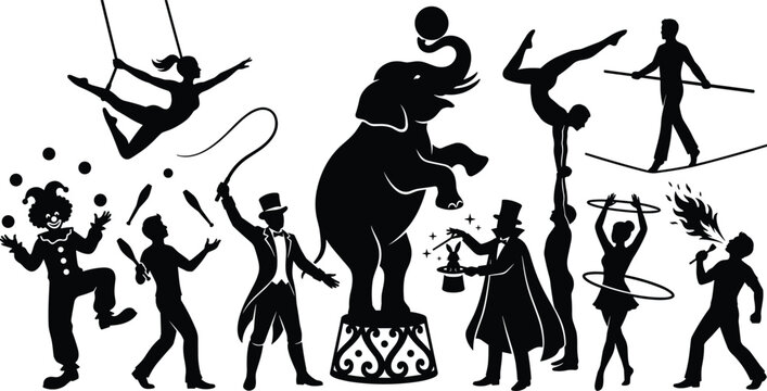 Circus performer silhouettes, trapeze clown juggler magician, elephant balancing lion act, acrobat tightrope fire breather, entertainment vector illustration