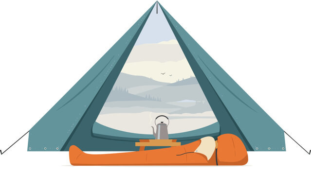 Scenic mountain landscape viewed from inside a tent with a sleeping bag and a kettle on a small wooden table for outdoor travel adventure.