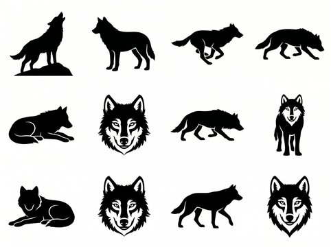 Wolf silhouette icon set featuring howling and running poses, silhouette