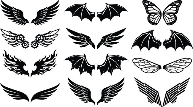 Fantasy and heraldic wings black silhouette icon set featuring angel, bat, butterfly, steampunk gears, fiery flame, and mechanical geometric wing vector illustration