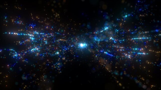 4K Abstract particles explosion. Bokeh lights exploding with energy burst. Intro opener overlay. Isolated on black background 60fps. 