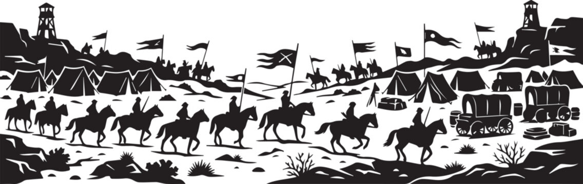 Black silhouette illustration of cowboys on horseback with tents and wagons on white background in western landscape