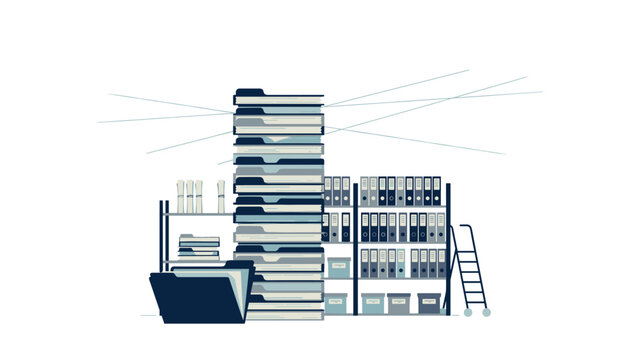 Tall stack of paper file folders positioned in the foreground with organized storage shelving units and a rolling ladder visible in the background of a record-keeping storage room.