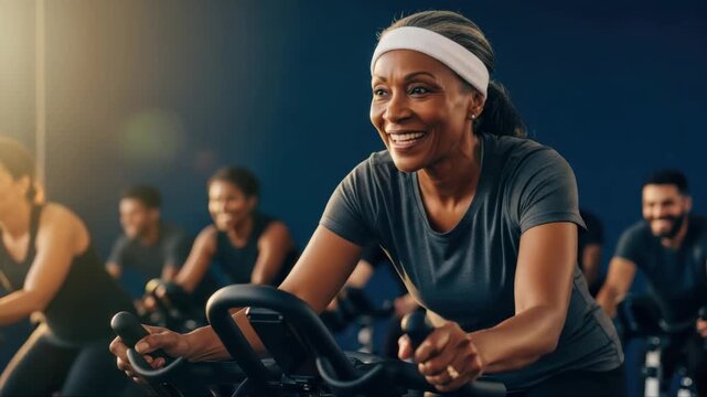 Diverse group of people enjoying an energetic indoor cycling class together