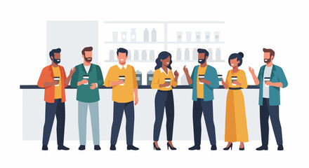 Obraz premium Diverse Group of Colleagues and Friends Socializing in a Modern Coffee Shop Cafe, Flat Vector Illustration of People Having a Coffee Break and Networking Together