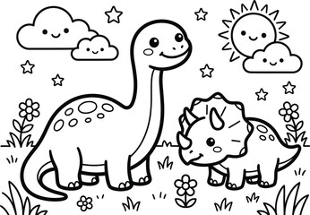 Dinosaur friends coloring page for kids brontosaurus and triceratops in a sunny meadow © FB Graphic