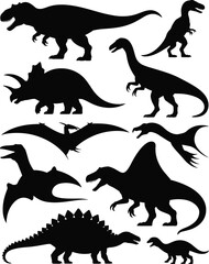 Dinosaur silhouettes collection, prehistoric animal vector, Tyrannosaurus Triceratops Stegosaurus Brachiosaurus Velociraptor Pteranodon, fossil wildlife illustration design artwork © MOSTSHAHANAJ