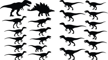 Dinosaur silhouettes collection, prehistoric creatures vector illustration, black and white art, T‑rex, Stegosaurus, raptor species, ancient wildlife graphic design © MOSTSHAHANAJ