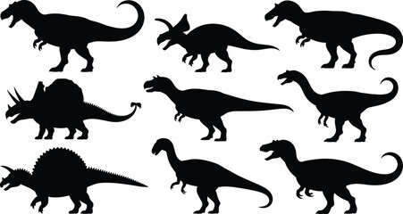 Dinosaur silhouettes of Tyrannosaurus, Triceratops, Stegosaurus, sauropods, prehistoric animals illustration showing ancient species, wildlife, evolution design © MOSTSHAHANAJ
