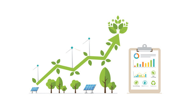 Upward trend arrow integrating wind turbines and solar panels with a clipboard displaying energy statistics for environmental planning and clean power strategy.