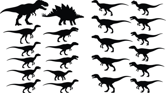 Dinosaur silhouettes collection, prehistoric creatures vector illustration, black and white art, T‑rex, Stegosaurus, raptor species, ancient wildlife graphic design