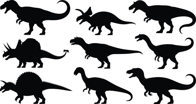 Dinosaur silhouettes of Tyrannosaurus, Triceratops, Stegosaurus, sauropods, prehistoric animals illustration showing ancient species, wildlife, evolution design