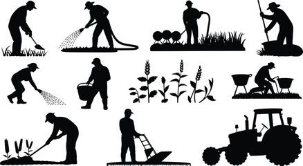 Farming gardening silhouettes, shovel watering planting tractor, agriculture labor vector, cultivation outdoor illustration, crop growth design artwork © MOSTSHAHANAJ