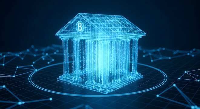 Blue digital bank building with network connection