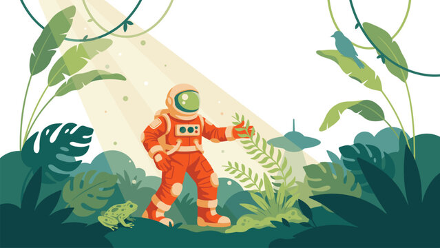 Astronaut in orange spacesuit exploring a lush green jungle with a small frog and light rays filtering through tropical leaves in a surreal nature discovery scene.