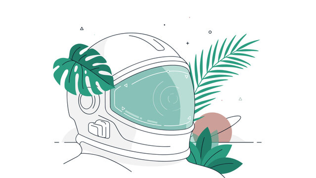 Astronaut helmet with a green visor surrounded by tropical leaves and a distant planet in the background for a space exploration and nature fusion concept.