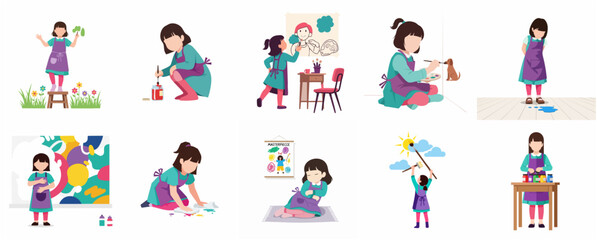 Fototapeta premium Set of creative illustrations featuring a young girl artist exploring various painting and drawing activities in a flat design style.