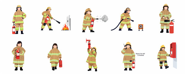 Fototapeta premium Set of kids in firefighter uniforms performing fire safety drills and training with equipment, vector illustration