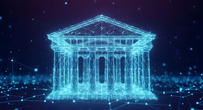 Blue digital wireframe classical building structure