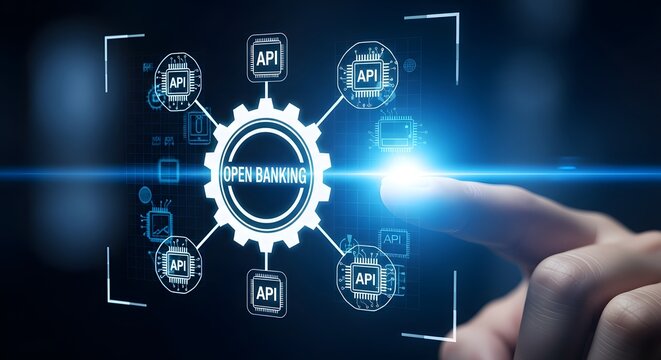 Finger touching digital open banking interface
