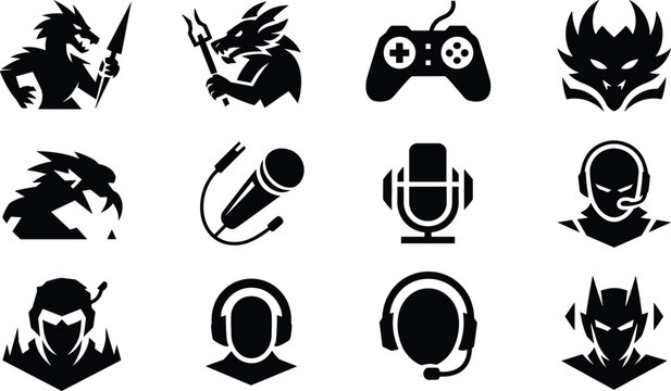 Gaming streaming silhouettes, headset microphone controller dragon icons, esports communication vector, digital media illustration design artwork