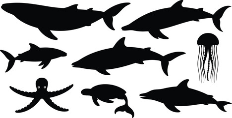 Marine animal silhouettes collection, ocean wildlife vector, aquatic posture illustration, sea life artwork design, whale dolphin shark jellyfish octopus turtle artwork © MOSTSHAHANAJ