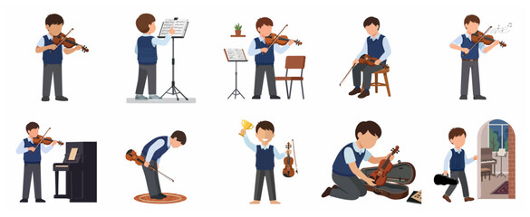 Set of a young boy learning and playing the violin in various poses. Flat vector illustration of music student practicing, performing, and winning a trophy. © ArtlowMedia