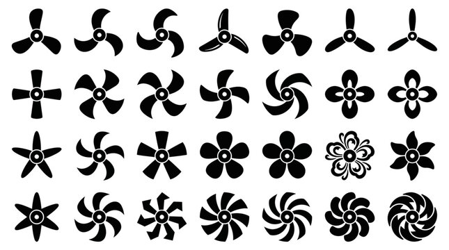 Collection of various fan blade and propeller icons in black silhouette on white background