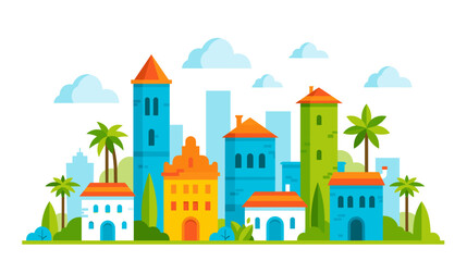 Fototapeta premium Colorful cityscape with various architectural styles and palm trees.