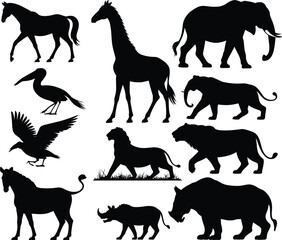 Collection of black wild animal silhouettes featuring elephant giraffe lion rhino and birds isolated on white background © Sreekhamol