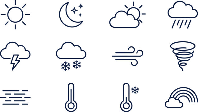 Weather forecast line icon set featuring sun, moon stars, rain cloud, lightning storm, snow, wind, tornado, fog, thermometer, and rainbow vector illustration