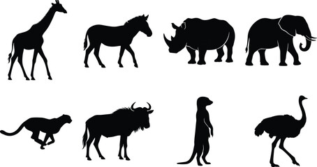 African savanna wild animal silhouettes set featuring giraffe zebra rhinoceros elephant cheetah wildebeest meerkat and ostrich © Sreekhamol