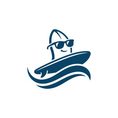 Fototapeta premium Cartoon shark wearing sunglasses surfing on a wave.