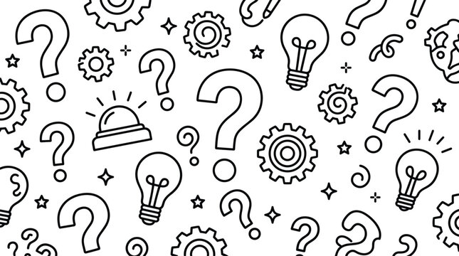 Brainstorming problem solving seamless pattern background with lightbulbs, question marks, gears, and creative thinking doodles line vector illustration