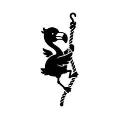 Funny black cartoon dodo bird climbing up a rope. © Maxim