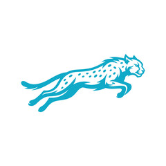 Jumping cheetah logo icon in cyan blue. © Maxim