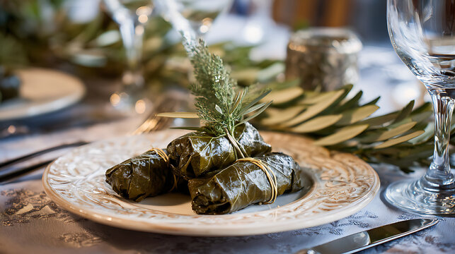 Close-up of traditional dolmades (stuffed grape leaves) elegantly plated on a decorative dinner plate at a festive dining table. Warm ambient lighting, rustic table setting, and seasonal greenery crea