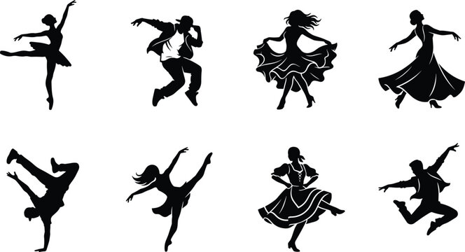 Dance performer silhouette collection featuring ballet, contemporary, freestyle and cultural dance poses for artistic movement designs