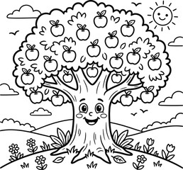 Apple tree with smiling face coloring page for kids and toddlers educational activity book illustration