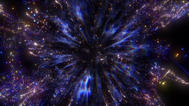4K Abstract particles explosion. Bokeh lights exploding with energy burst. Intro opener overlay. Isolated on black background 60fps. 