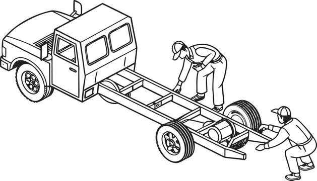 Isometric technical of mechanics assembling a truck chassis