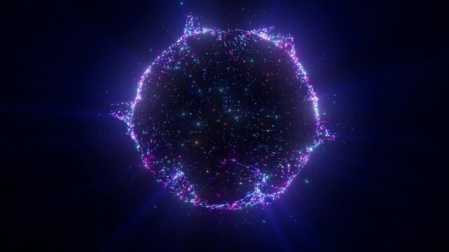 Abstract Rotating Cosmic Sphere Made of Colorful Particles with Glowing Energy Ring and Deep Space Stardust Animation in 4K 60 FPS