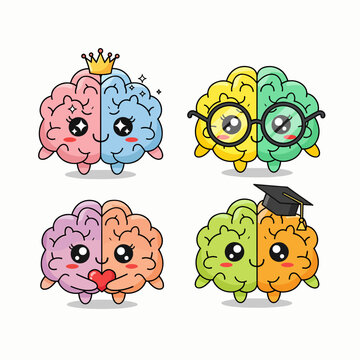 Four cute cartoon brains symbolizing different types of intelligence, creativity, and daily skills.