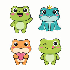 Obraz premium Adorable green amphibian cartoons featuring a waving friend, a lover, and a king.